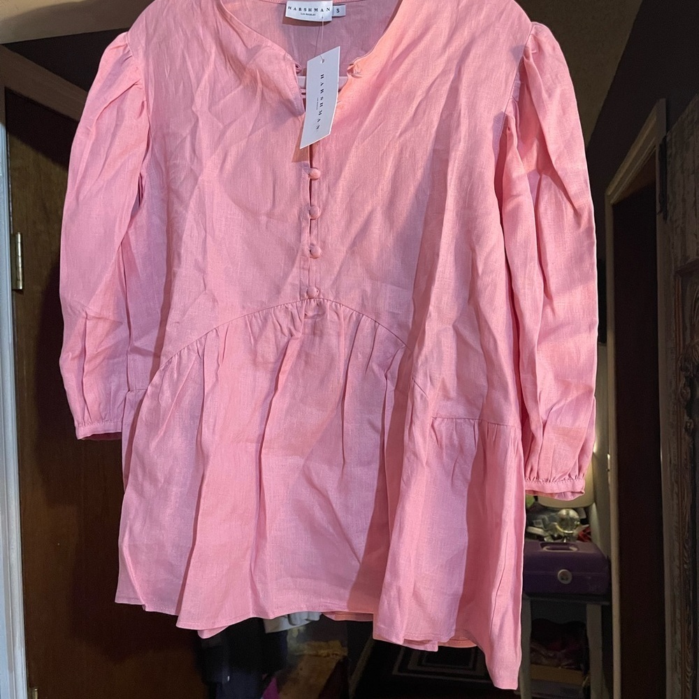 Harshman Anthropologie Brand DREW POPOVER Soft Pink LINEN Blouse size small - Picture 5 of 12